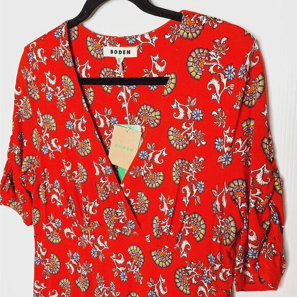 BODEN Short Sleeve Jersey Midi Dress 12R Flame Scarlet Botanical Bunch Floral - Picture 5 of 14